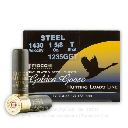 Large image of Cheap 12 Gauge Ammo For Sale - 3-1/2" 1-5/8 oz. #T Steel Shot Ammunition in Stock by Fiocchi Golden Goose - 25 Rounds