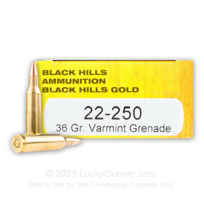 Large image of Premium 22-250 Ammo For Sale - 36 Grain Varmint Grenade HP Ammunition in Stock by Black Hills Gold - 20 Rounds