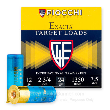 Large image of Cheap 12 Gauge Ammo For Sale - 2-3/4” 17/20oz. #7.5 Shot Ammunition in Stock by Fiocchi Exacta Target - 25 Rounds