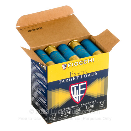 Large image of Cheap 12 Gauge Ammo For Sale - 2-3/4” 17/20oz. #7.5 Shot Ammunition in Stock by Fiocchi Exacta Target - 25 Rounds