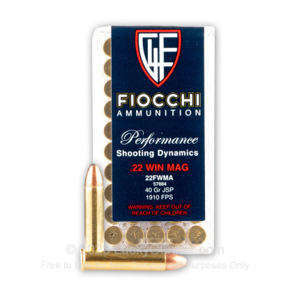 Large image of 22 WMR Ammo For Sale - 40 gr JSP - Fiocchi 22 Magnum Rimfire Ammunition In Stock - 50 Rounds
