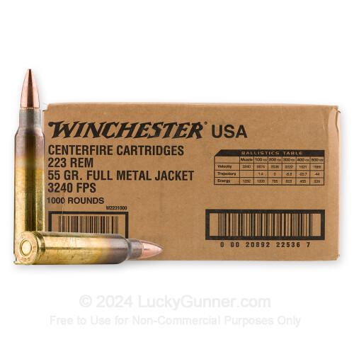 Winchester 223 Rem Ammo in Bulk - 55gr FMJ W2231000 - 1000 Rounds Loose Pack