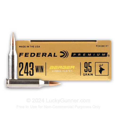 Premium 243 Ammo For Sale - 95 Grain Berger Hybrid Hunter Ammunition in  Stock by Federal - 20 Rounds