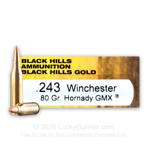 243 - 80 Grain Hornady GMX - Black Hills Gold - 20 Rounds
