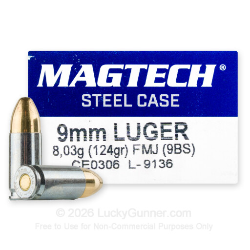 9mm - 124 Grain FMJ - Magtech Steel - 50 Rounds *STEEL CASES*