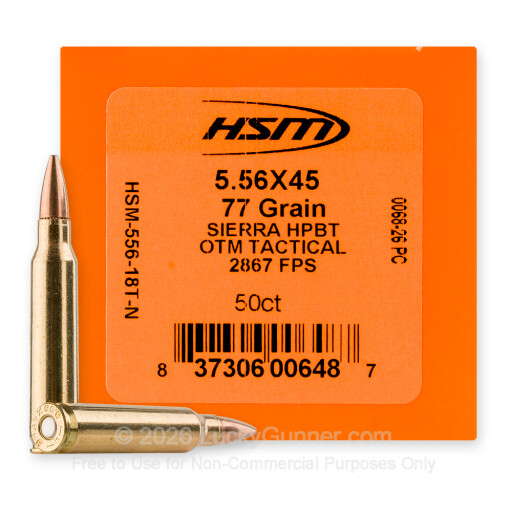 5.56x45 - 77 Grain HPBT MatchKing w/Cannelure - HSM Match - 50 Rounds