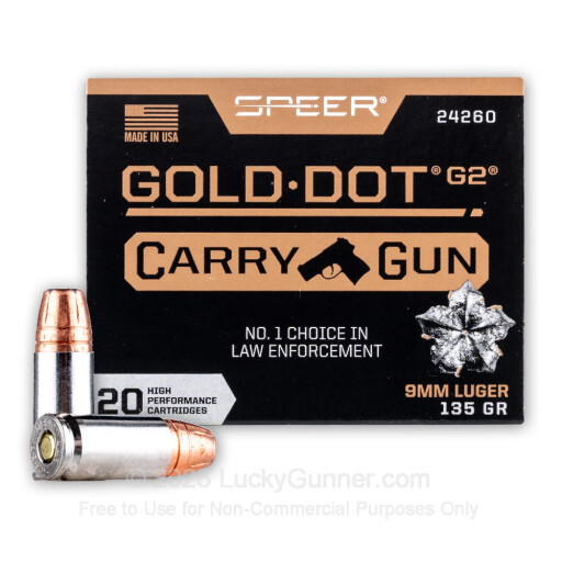 9mm - 135 Grain JHP - Speer Gold Dot G2 CarryGun - 20 Rounds