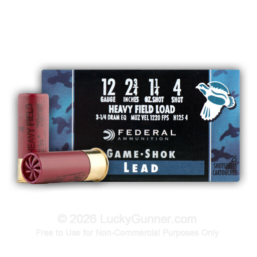 12 Gauge - 2-3/4" 1-1/4 oz. #4 Lead Shot -  Federal Game-Shok - 25 Rounds