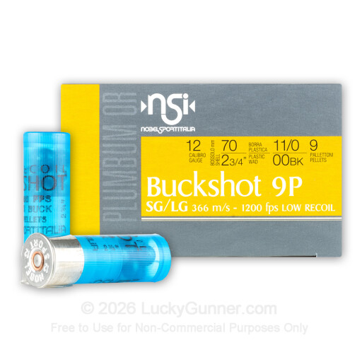 12 Gauge - 2-3/4" 9 Pellet 00 Buckshot - Nobel Sport Low Recoil - 250 Rounds