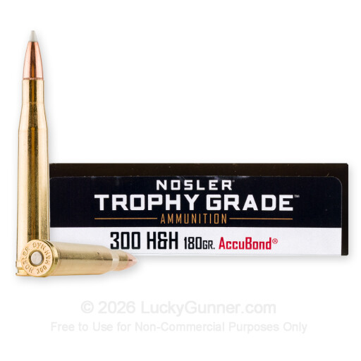300 H&H Magnum - 180 Grain AccuBond Polymer Tip - Nosler Custom Trophy Grade - 20 Rounds