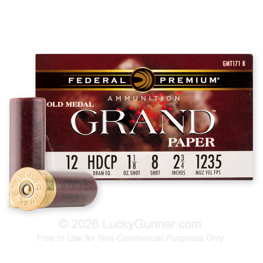 12 Gauge - 2-3/4" 1-1/8oz. #8 Shot - Federal Gold Medal Grand Paper - 25 Rounds