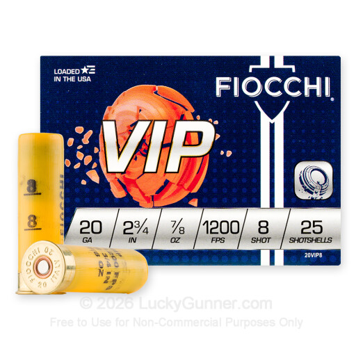 20 Gauge - 2-3/4" 7/8oz. #8 Shot - Fiocchi VIP - 250 Rounds
