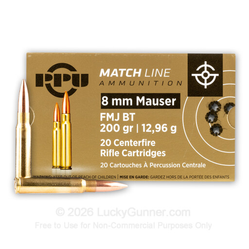 8mm Mauser - 200 Grain FMJBT - PPU Match - 20 Rounds