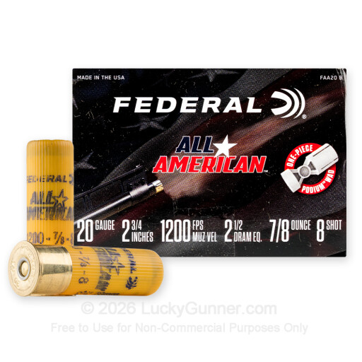 20 Gauge - 2-3/4" 7/8oz. #8 Shot - Federal All American - 250 Rounds