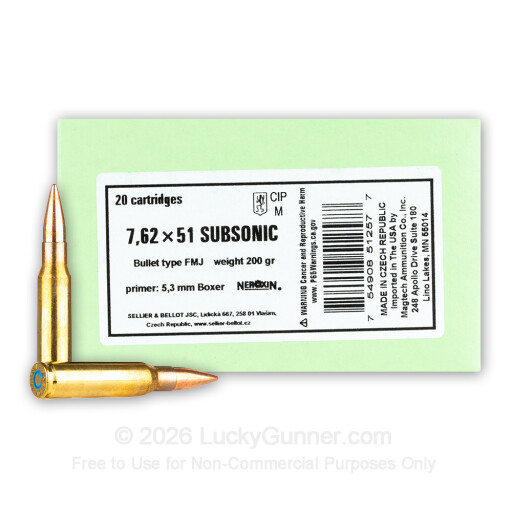 7.62x51 - 200 Grain FMJ - Sellier & Bellot Subsonic - 20 Rounds