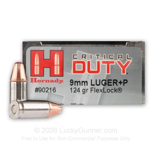 9mm Luger - +P 124 Grain JHP – Hornady Critical Duty - 25 Rounds