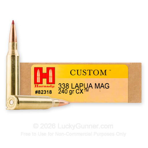 338 Lapua Mag - 240 Grain CX - Hornady Custom - 20 Rounds