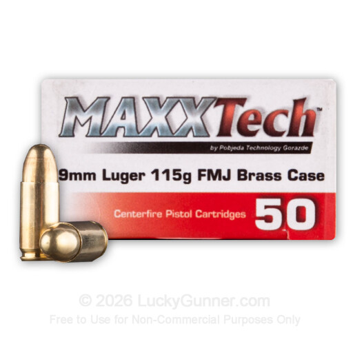 9mm - 115 Grain FMJ - MAXXTech Brass - 500 Rounds