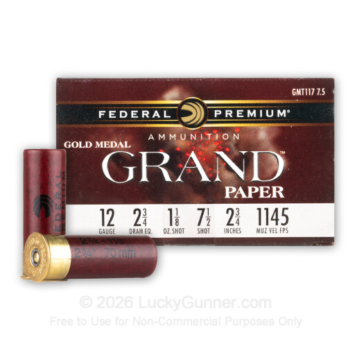 12 Gauge - 2-3/4" 1-1/8oz. #7.5 Shot - Federal Gold Metal Grand Paper - 25 Rounds