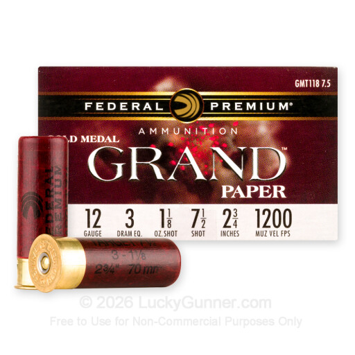 12 Gauge - 2-3/4" 1-1/8oz. #7.5 Shot - Federal Gold Medal Grand Paper - 25 Rounds