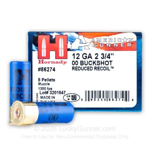12 Gauge - 2-3/4" 8 Pellets 00 Buckshot - Hornady American Gunner Reduced Recoil - 10 Rounds