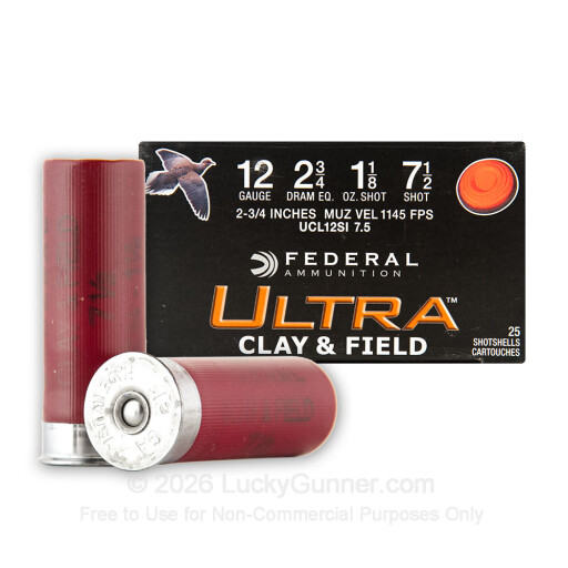 12 Gauge - 2-3/4" 1-1/8oz. #7.5 Shot - Federal Ultra Clay & Field - 25 Rounds