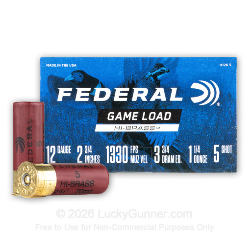 12 Gauge - 2-3/4" 1-1/4oz. #5 Shot - Federal Game Load Upland Hi-Brass - 25 Rounds