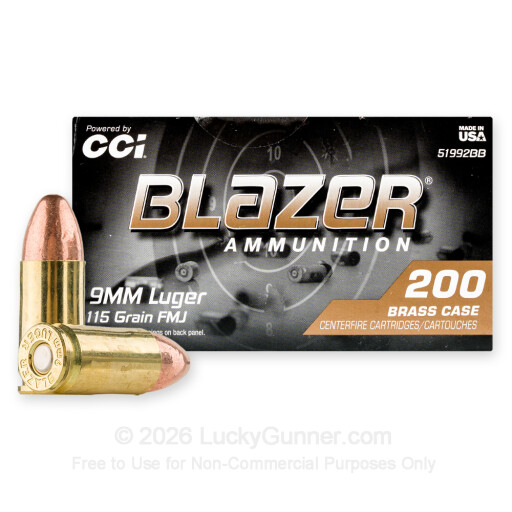 9mm - 115 Grain FMJ - Blazer Brass - 200 Rounds