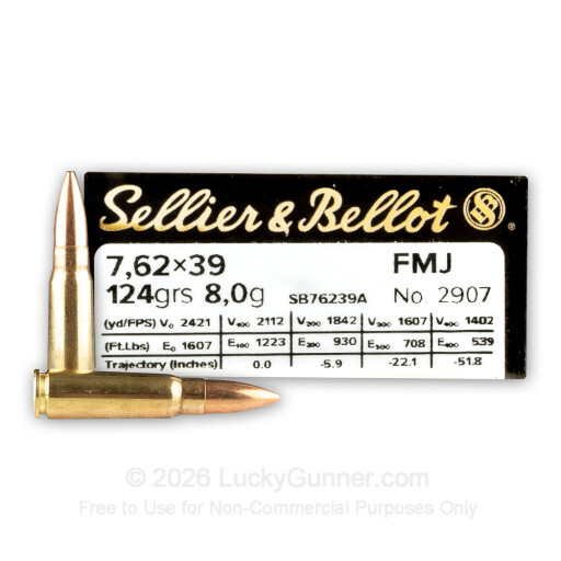 7.62x39 - 123 Grain FMJ - Sellier & Bellot - 600 Rounds