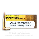 Premium 243 Ammo For Sale - 80 Grain Hornady GMX Ammunition in Stock by Black Hills Gold - 20 Rounds