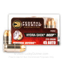 Premium 45 ACP Ammo For Sale - 210 Grain Jacketed Hollow Point Ammunition in Stock by Federal Hydra-Shok Deep - 20 Rounds