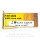 Premium 338 Lapua Mag Ammo For Sale - 285 Grain ELD Match Ammunition in Stock by Black Hills Gold - 20 Rounds