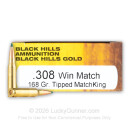 Premium 308 Ammo For Sale - 168 Grain TMK Ammunition in Stock by Black Hills Gold - 20 Rounds