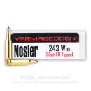 Premium 243 Ammo For Sale - 55 Grain FB Tipped Ammunition in Stock by Nosler Varmageddon - 20 Rounds