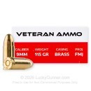 Veteran Ammo 9mm Ammo For Sale - 115 Grain FMJ - 50 Rounds