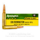 Cheap 338 Remington Ultra Mag Ammo For Sale - 250 Grain PSP Ammunition in Stock by Remington Core-Lokt - 20 Rounds