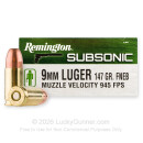 Premium 9mm Ammo For Sale - 147 Grain FNEB Ammunition in Stock by Remington Subsonic - 50 Rounds