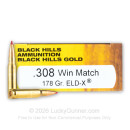 Premium 308 Ammo For Sale - 178 Grain ELD-X Ammunition in Stock by Black Hills Gold - 20 Rounds