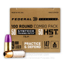 Premium 9mm Ammo For Sale - 147 Grain Total Synthetic Jacket & HST JHP Ammunition in Stock by Federal Practice & Defend Combo Pack - 100 Rounds