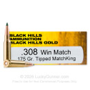 Premium 308 Ammo For Sale - 175 Grain Tipped MatchKing Ammunition in Stock by Black Hills Gold - 20 Rounds