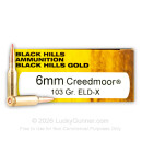Premium 6mm Creedmoor Ammo For Sale - 103 Grain ELD-X Ammunition in Stock by Black Hills Gold - 20 Rounds