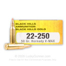 Premium 22-250 Ammo For Sale - 50 Grain V-Max Ammunition in Stock by Black Hills Gold - 20 Rounds