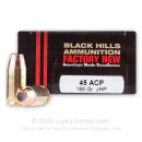 Premium 45 ACP Ammo For Sale - 185 Grain JHP Ammunition in Stock by Black Hills - 20 Rounds