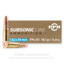 Prvi Partizan Subsonic 7.62x39 Ammo For Sale - 182 Grain FMJBT - 20 Rounds