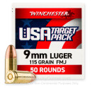 Cheap 9mm Ammo For Sale - 115 Grain FMJ Ammunition in Stock by Winchester USA - 50 Rounds