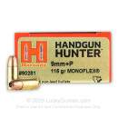 Premium 9mm +P Ammo For Sale - 115 Grain MonoFlex Ammunition in Stock by Hornady Handgun Hunter - 25 Rounds
