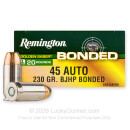 Premium 45 ACP Ammo For Sale - 230 Grain BJHP Ammunition in Stock by Remington Golden Saber Bonded - 20 Rounds