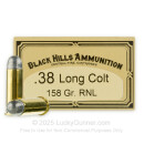Premium 38 Long Colt Ammo For Sale - 158 Grain LRN Ammunition in Stock by Black Hills - 50 Rounds