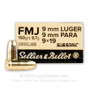Bulk 9mm Subsonic Ammo For Sale - 150 Grain FMJ Ammunition in Stock by Sellier & Bellot - 1000 Rounds