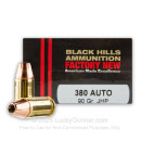 Cheap 380 Auto Ammo For Sale - 90 Grain JHP Ammunition in Stock by Black Hills Ammunition - 20 Rounds